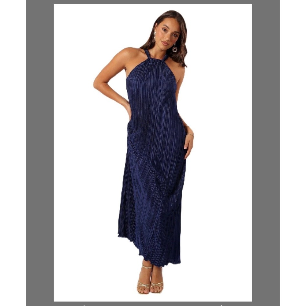 Petal & Pup Melody Plisse Halter Maxi Dress Navy Size S